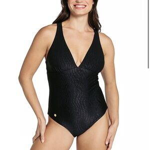 New! Leonisa V-Neck One-Piece Slimming Swimsuit black 4094